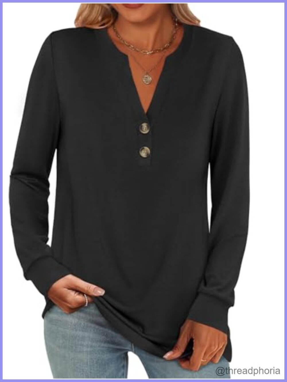 Women's Long Sleeve Henley Top V Neck Button Placket Casual Blouse